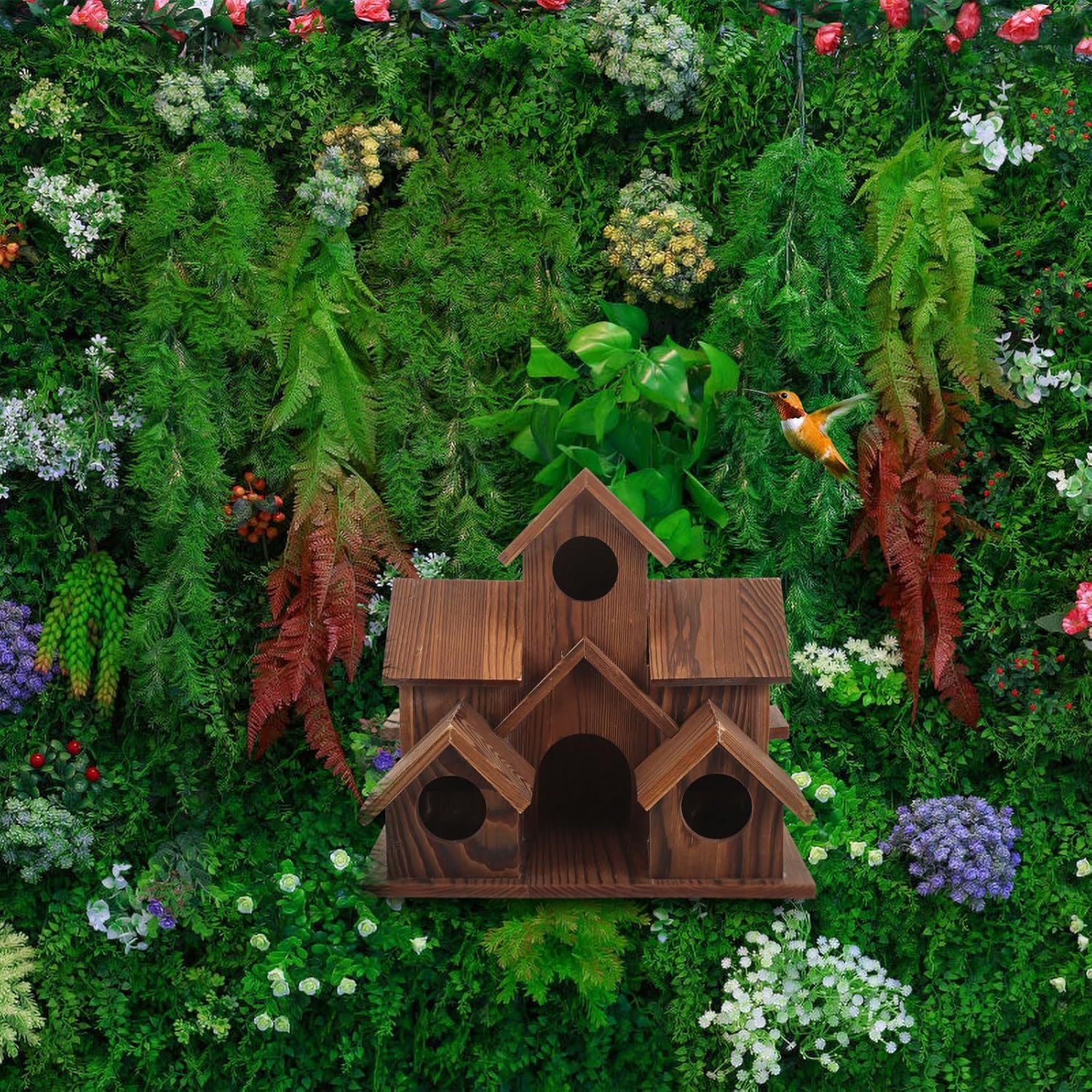 Wooden Bird House 6 Hole Hanging for Outdoor Patio Decor N2694