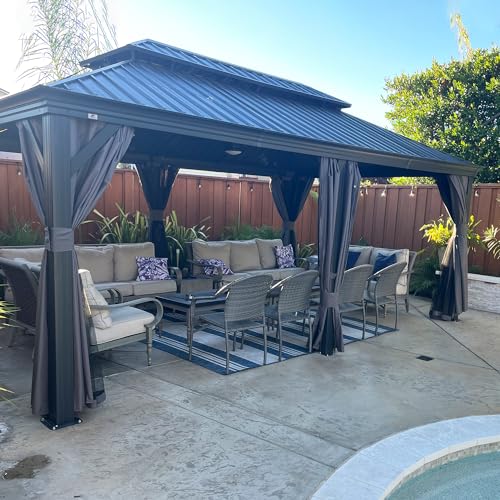 10' x 14' Permanent Hardtop Gazebo with Galvanized Steel Double Roof, Curtains and Netting Included M871