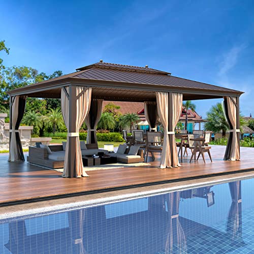 12x16 ft Hardtop Gazebo with Double Roof, Curtains and Netting T94173