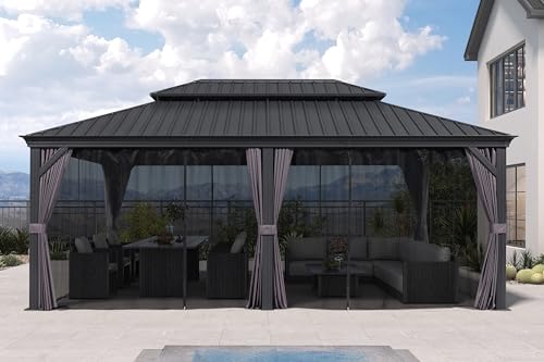 10' x 14' Permanent Hardtop Gazebo with Galvanized Steel Double Roof, Curtains and Netting Included M871