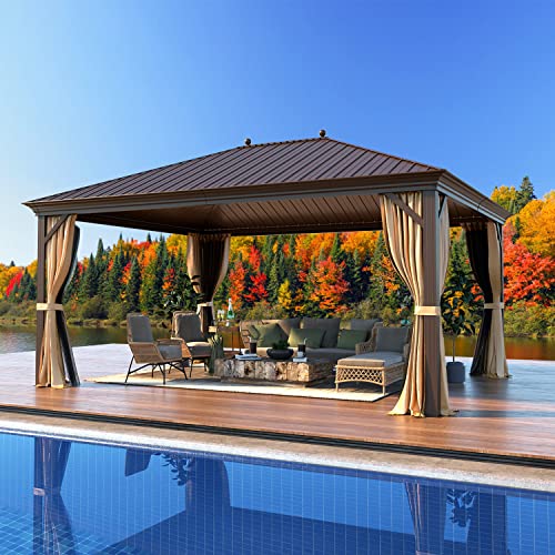 12x16 ft Hardtop Gazebo with Double Roof, Curtains and Netting T94173