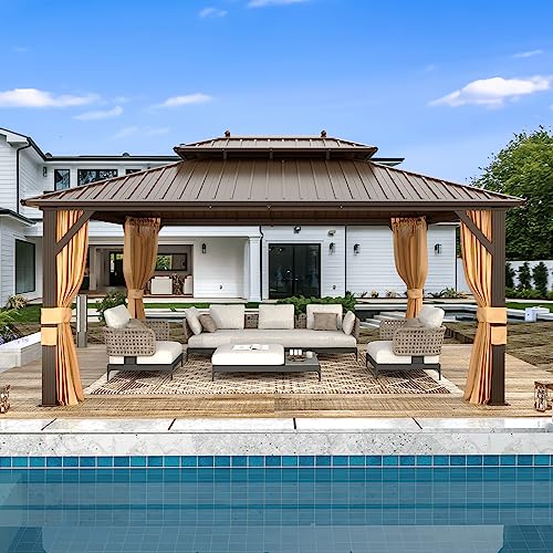 10x13 Hardtop Gazebo with Polycarbonate Double Roof, Aluminum Frame, Curtains and Netting S2701