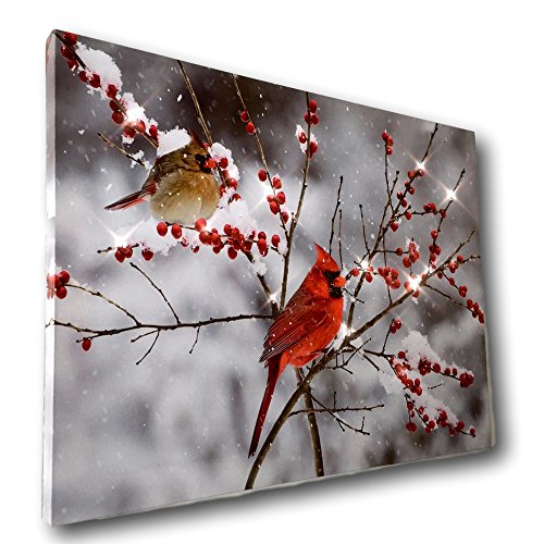 LED Cardinals Canvas Print with Cardinal Couple and Holiday Berries V670