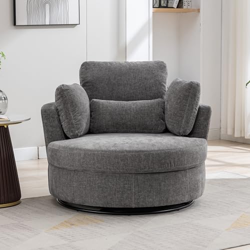 Oversized Swivel Barrel Chair with Ottoman, Chenille, Beige M813