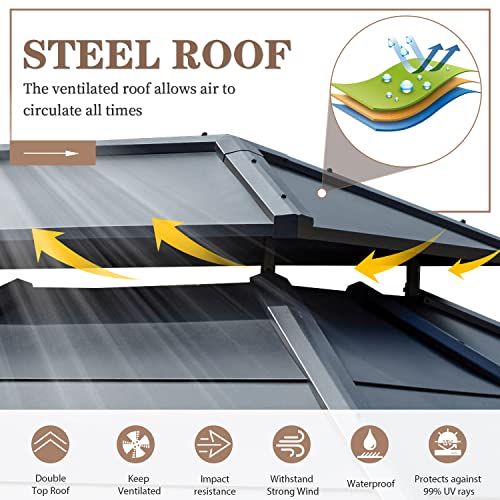12x20 ft Hardtop Gazebo Double Roof Galvanized Steel Canopy Outdoor Aluminum Frame with Netting and Curtains X191579