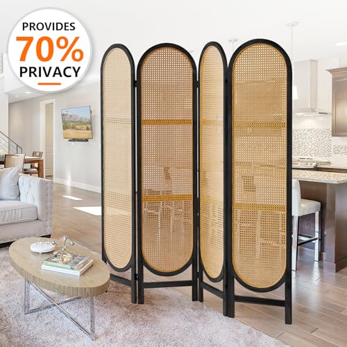 Foldable Wooden Room Divider, Hand-Woven Rattan Privacy Screen Q240970