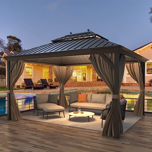 12x16 ft Hardtop Gazebo with Double Roof, Curtains and Netting T94173