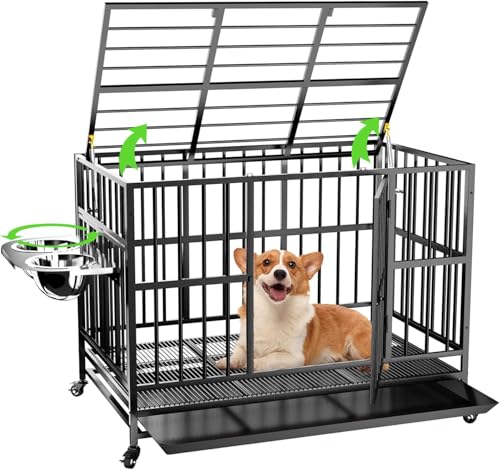 48" Heavy-Duty Dog Crate with Wheels, Air-Lift Top, Dual Adjustable Bowls V62929