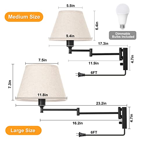 Wall Sconces Plug in, Remote Control Dimmable, Swing Arm Wall Lights with Fabric Shade, 2 Pack R441114