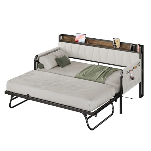 Daybed with Trundle Bed, Twin Bed Frame with Storage Headboard and Charging Station, Grey S3738