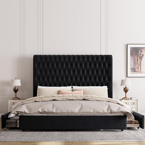 Velvet Upholstered King Bed Frame with Tall Headboard and Storage Drawers V8658
