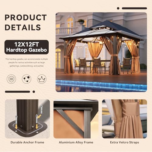12x16 Hardtop Gazebo with Netting and Curtains for Patio K27275