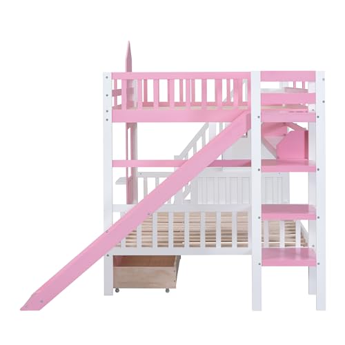Twin Over Twin Bunk Bed with Stairs and Slide, Solid Wood Frame with Storage B8483