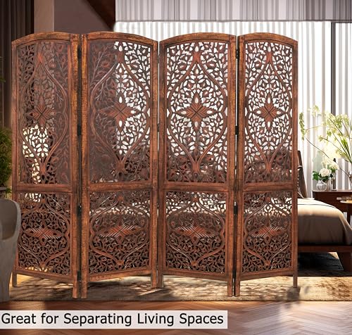 4 Panel Folding Wood Room Divider, Antique Brown, 72 x 80 P209