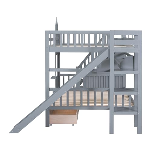 Twin Over Twin Bunk Bed with Stairs and Slide, Solid Wood Frame with Storage B8483