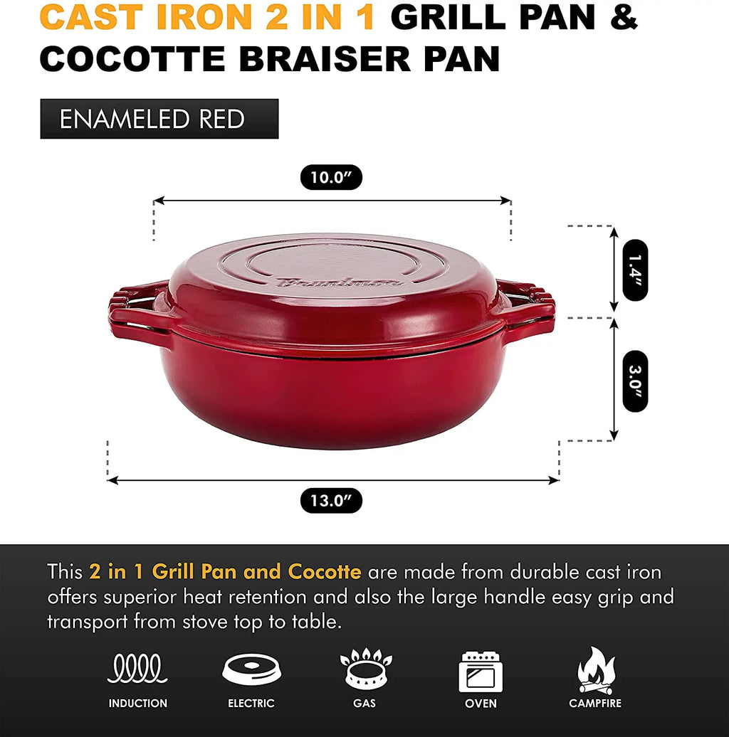 Enameled Cast Iron Cocotte Double Braiser Pan with Grill Lid V9102