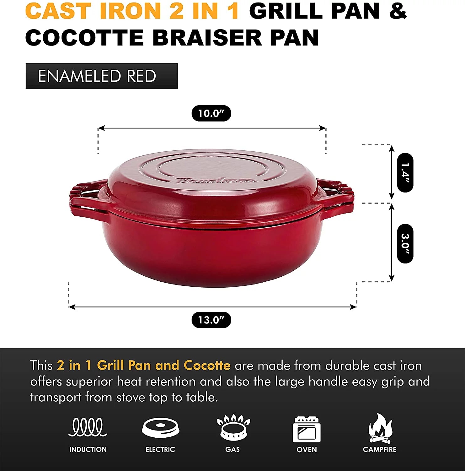 Enameled Cast Iron Cocotte Double Braiser Pan with Grill Lid V9102