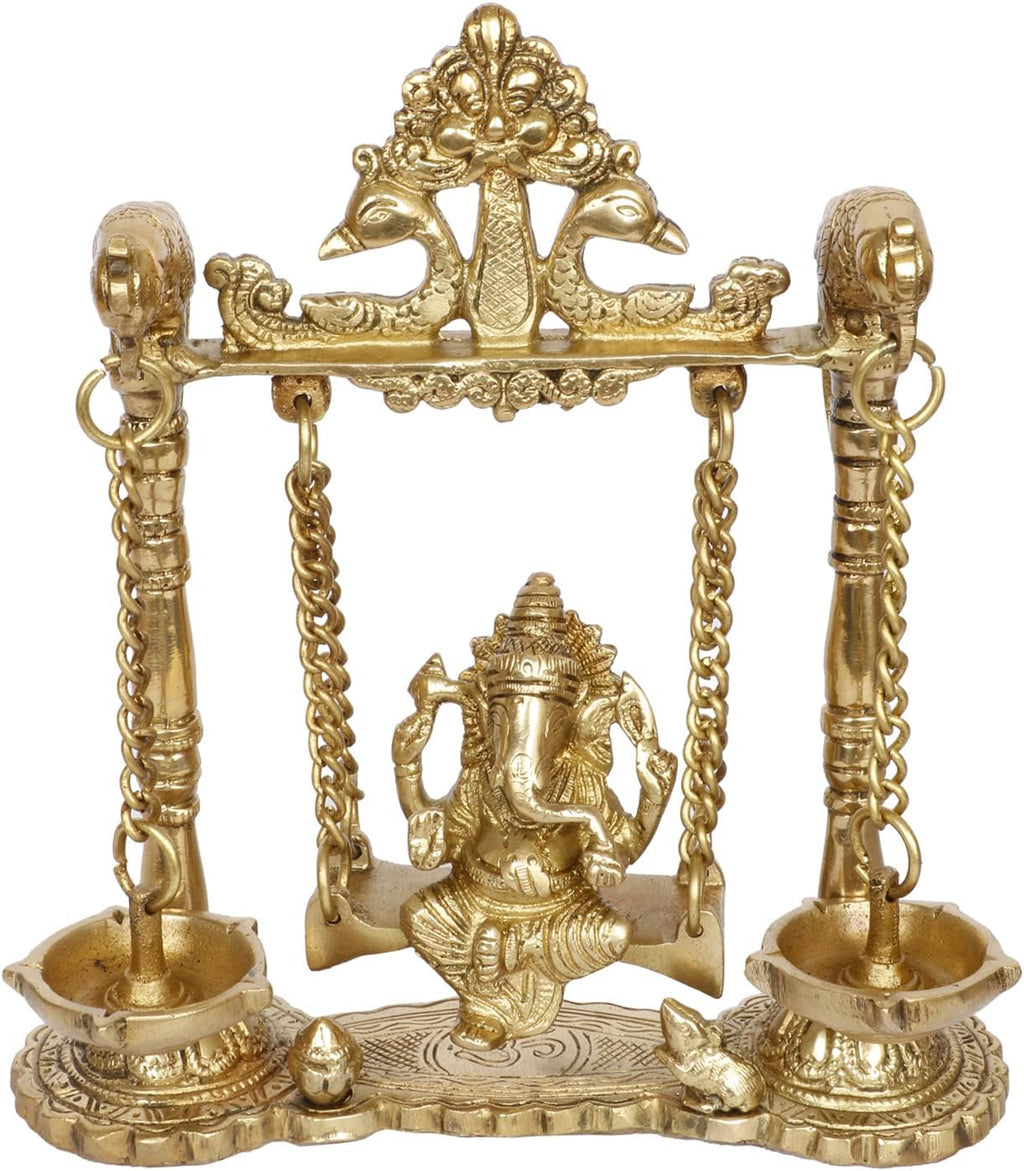 Brass Ganesh Jhula with Diya Hanging Ganesha Swing Statue Ganpati Jhoola Kirtimukha Idol Murti for Home Décor Office Mandir Gift 9 Inch