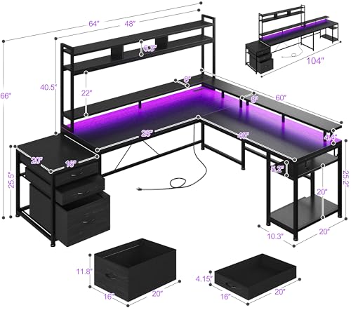Large L Shaped Gaming Desk with Hutch and Drawers, 64" Reversible Computer Desk with Storage Shelves, Monitor Stand and LED Light for Home Office, Power Outlets, White V6783
