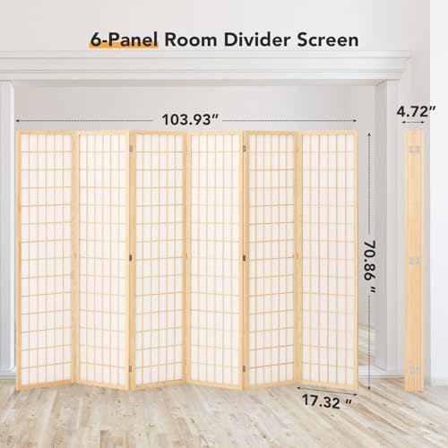 6 Panel Folding Room Divider, Japanese Shoji Screen, 5.9 Ft, Natural T81976