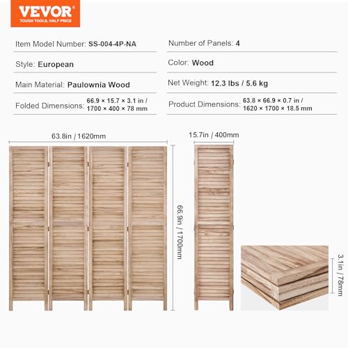 4 Panel Folding Wood Room Divider, 66.9 Inch Tall Privacy Screen I263