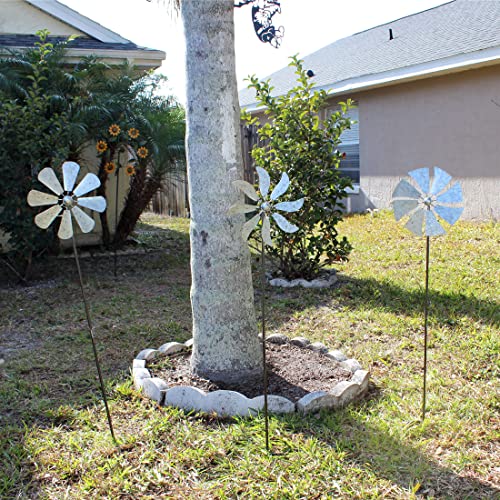 Set of 3 Galvanized Grey Windmill Wind Spinner Garden Stakes, 41 Inches High R6069