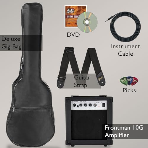 Stratocaster Electric Guitar Bundle with Amplifier, Gig Bag, Strap, Cable, Picks, and DVD F102