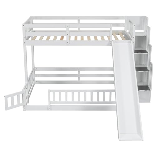 Twin Over Full Size Wooden Bunk Bed with Slide and Storage Stairs N394