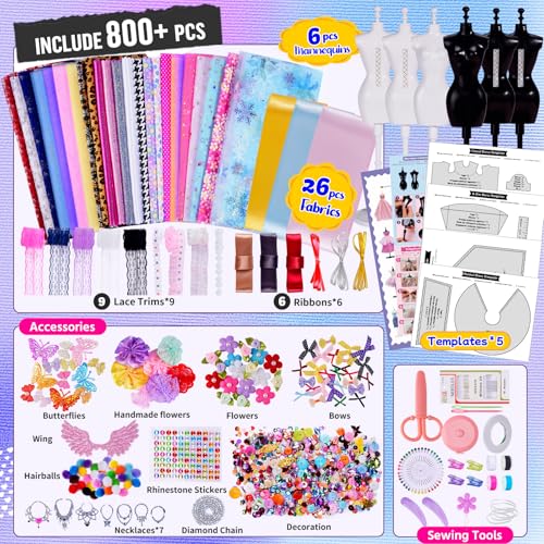 Fashion Designer Kit for Girls with 6 Mannequins, Arts and Crafts Sewing Kit for Kids Ages 8-12 S1001