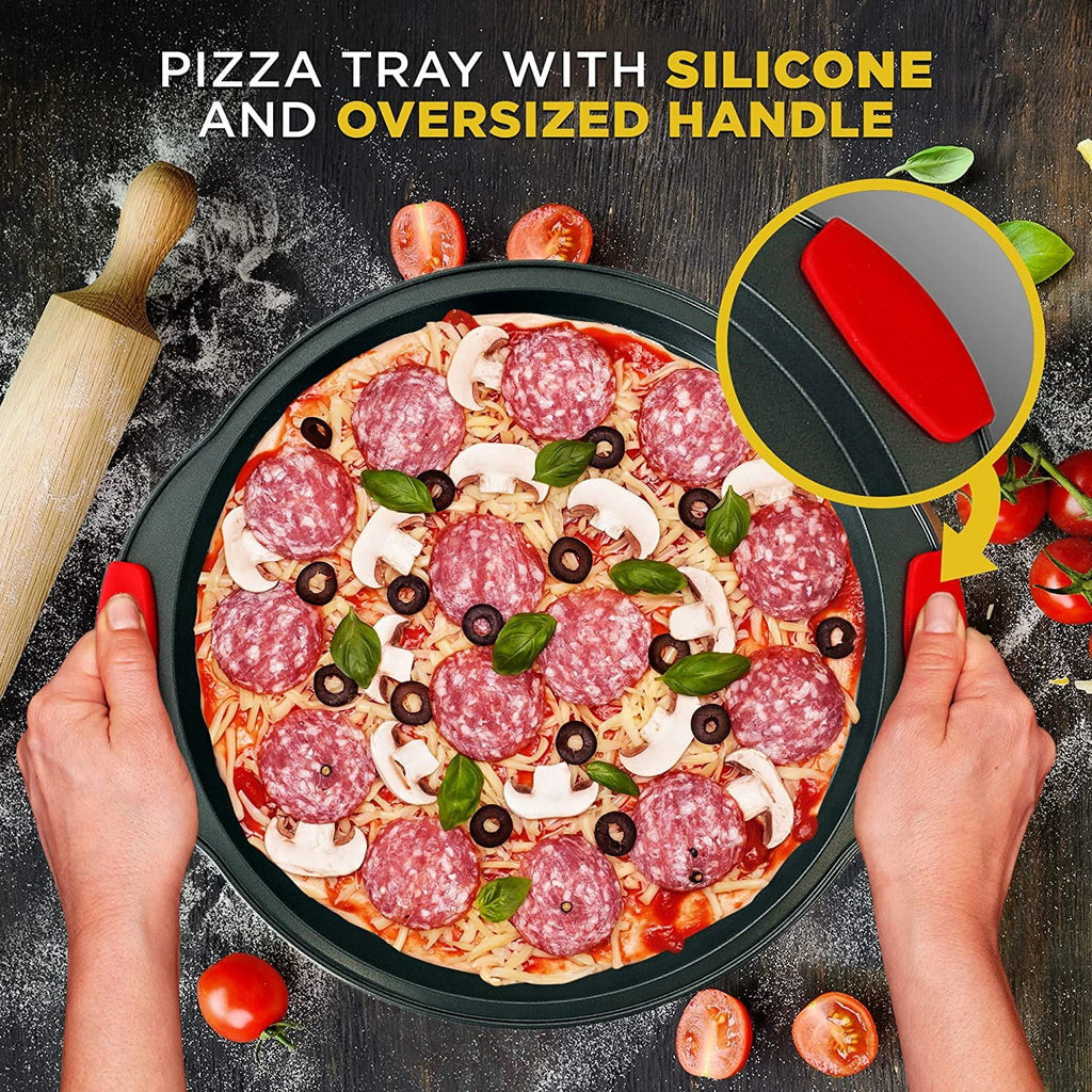 Non-Stick Pizza Tray with Silicone Handle, Round Steel Pan with Perforated Holes W84840