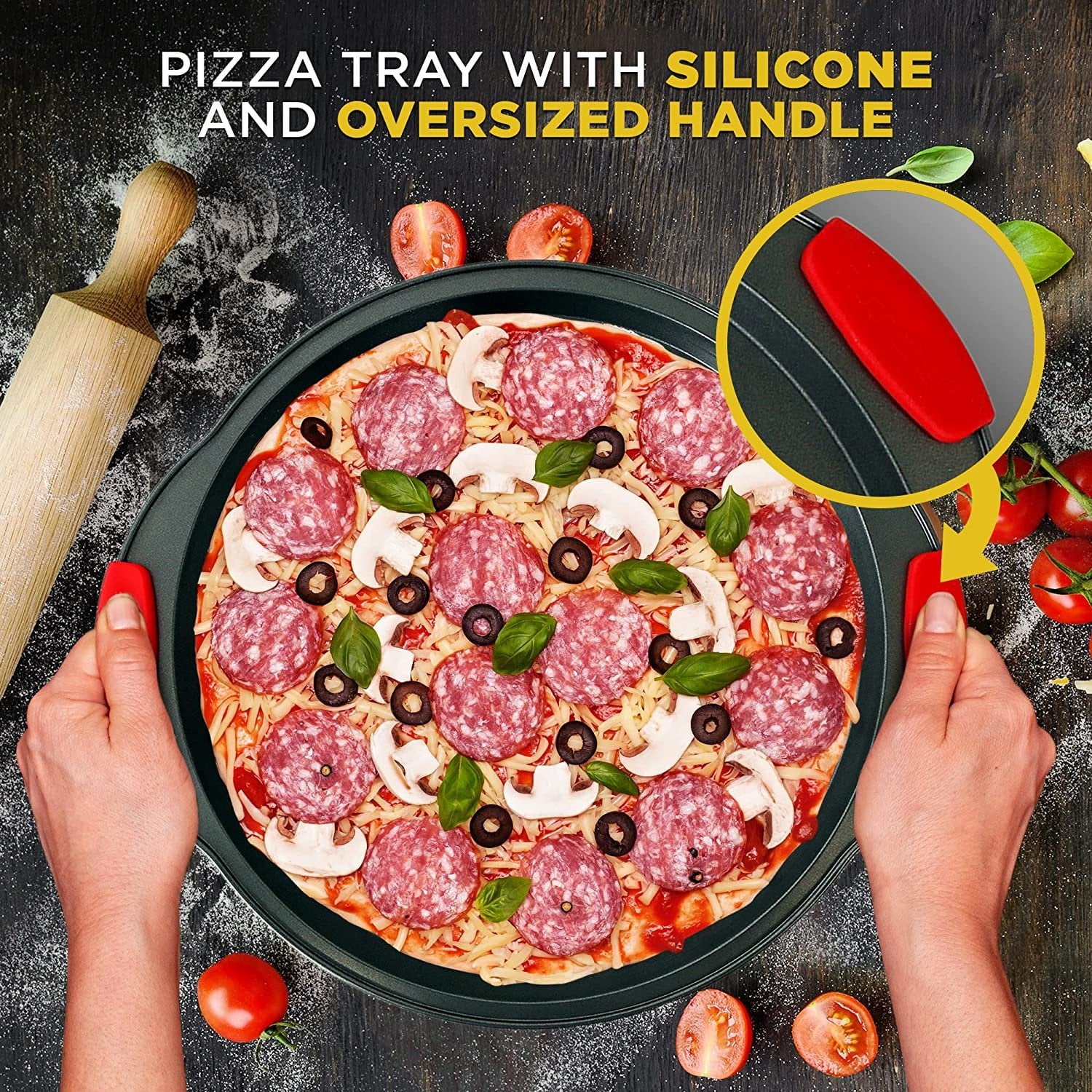 Non-Stick Pizza Tray with Silicone Handle, Round Steel Pan with Perforated Holes W84840