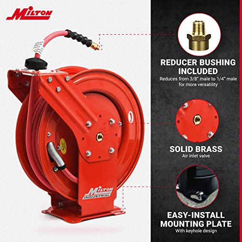 Air Hose Reel with Auto-Retractable Steel Dual Arm, 50 ft Hybrid Rubber Hose V560