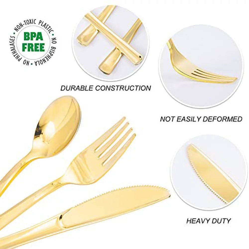 Gold Plastic Cutlery Set Disposable Flatware for Party S519750