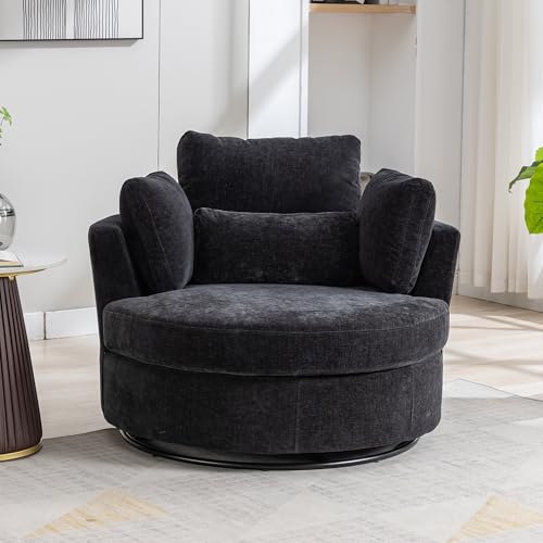 Oversized Swivel Barrel Chair with Ottoman, Chenille, Beige M813