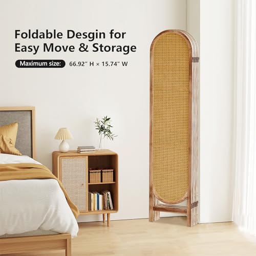 Foldable Wooden Room Divider, Hand-Woven Rattan Privacy Screen Q240970