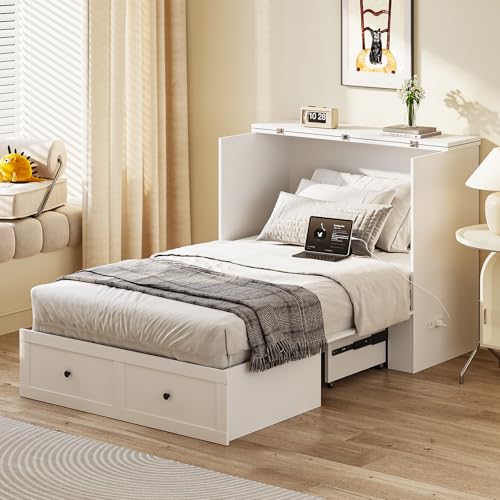 Murphy Bed with Storage & Charging Station, Foldable Panel, Distressed White C449393