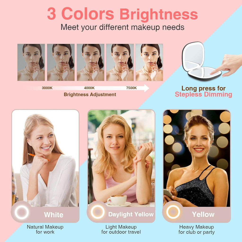 Compact Travel Makeup Mirror with LED Light, 1X/10X Magnifying, Rechargeable O13625
