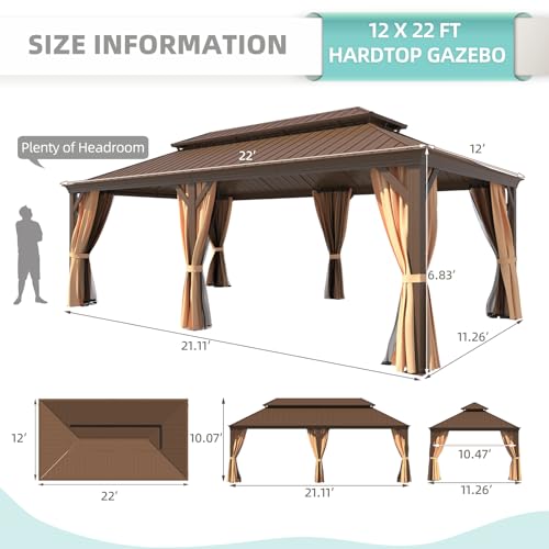 12x16 ft Hardtop Gazebo with Double Roof, Curtains and Netting T94173