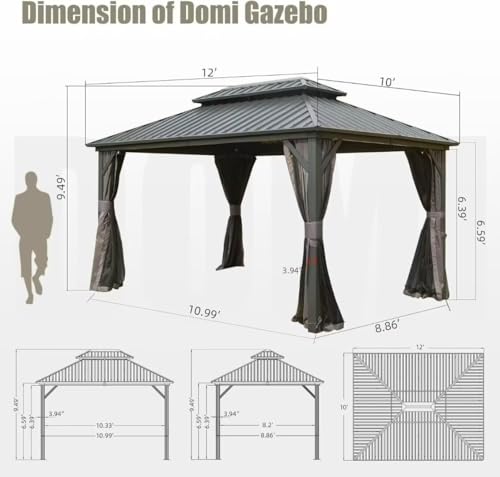 10 x 10 ft Hardtop Gazebo with Netting and Curtains, Galvanized Steel Roof for Patio K80436