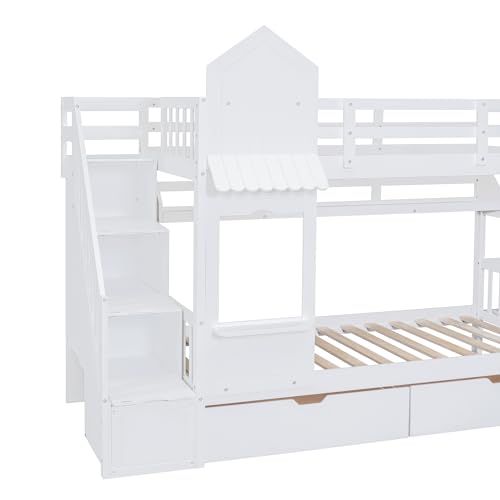Kids Bunk Bed with Stairs and Slide, Twin Over Twin, Gray O540
