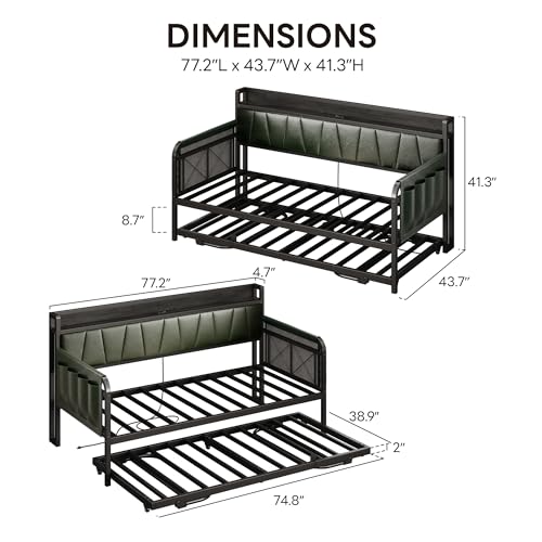 Daybed with Trundle Bed, Twin Bed Frame with Storage Headboard and Charging Station, Grey S3738