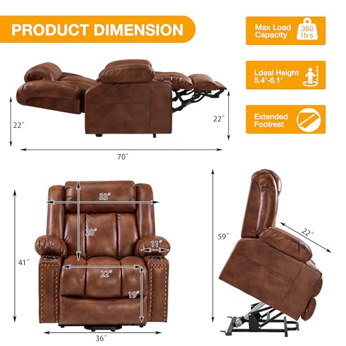 Large Power Lift Recliner Chair for Elderly with Heat and Massage, USB Port, Dark Brown O650