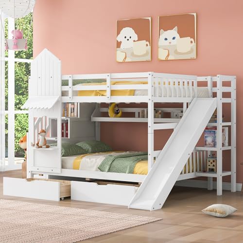 Kids Bunk Bed with Stairs and Slide, Twin Over Twin, Gray O540