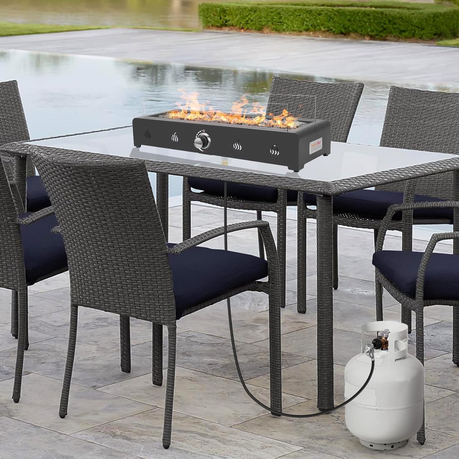 28 Inch Tabletop Gas Fire Pit with Glass Wind Guard and Lava Rock V462502