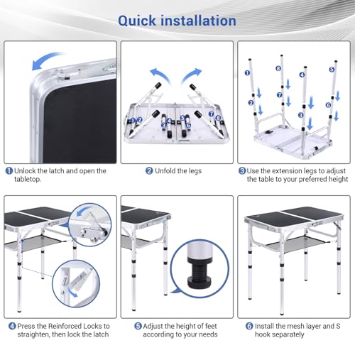Adjustable Height Small Folding Camping Table with Mesh Layer B206
