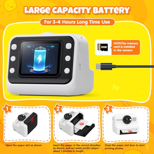Kids Instant Print Camera 1080P HD with 3 Rolls Paper & 32GB Card U8422