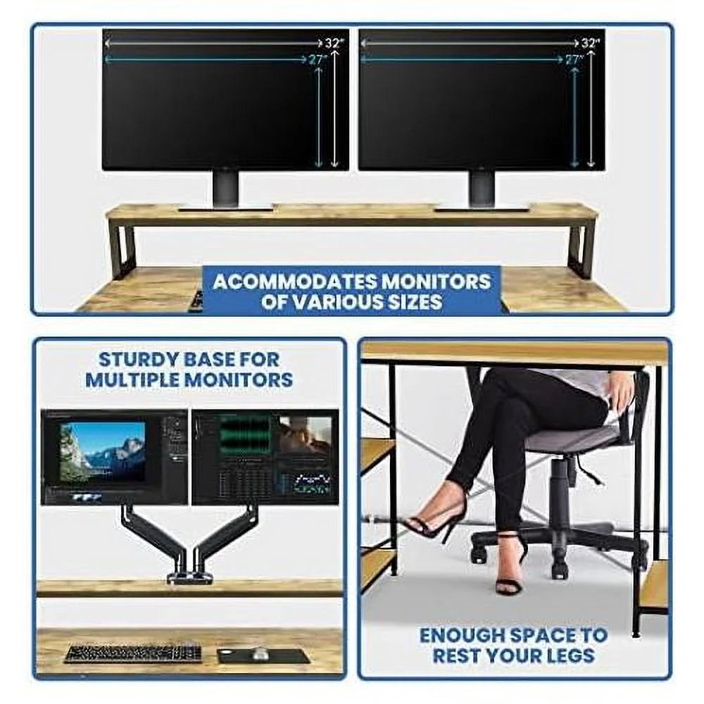 Industrial Computer Desk with Monitor Shelf, 55 Inch, Walnut and Black O381