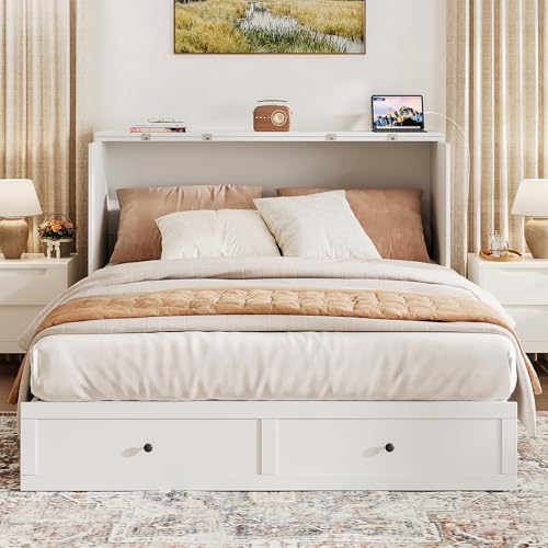 Murphy Bed with Storage & Charging Station, Foldable Panel, Distressed White C449393
