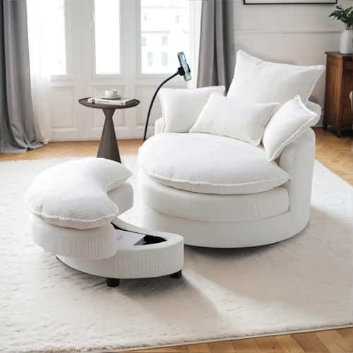 Swivel Barrel Accent Sofa Chair with Phone Holder & Storage Ottoman, 360 Degree Corduroy, Beige A36232