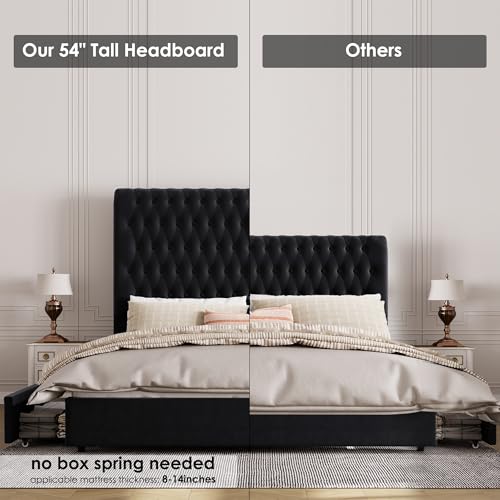 Velvet Upholstered King Bed Frame with Tall Headboard and Storage Drawers V8658